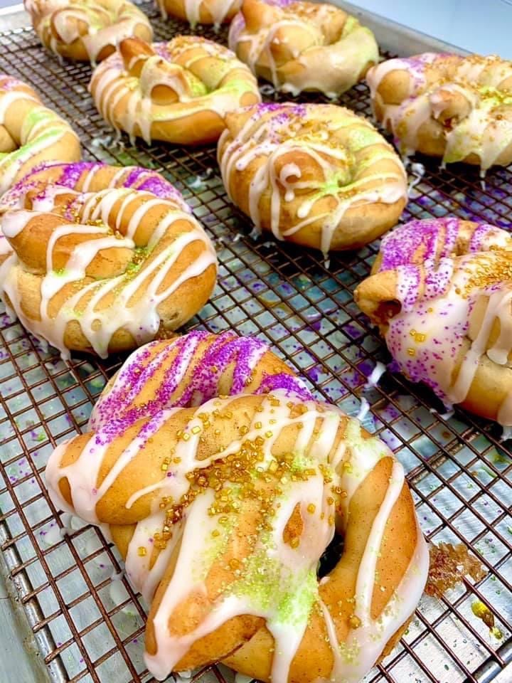 GW Fins Pretzel King Cake with Praline stuffing and fish baby 
