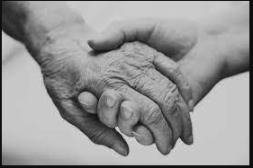 Holding a grandparents' hand.