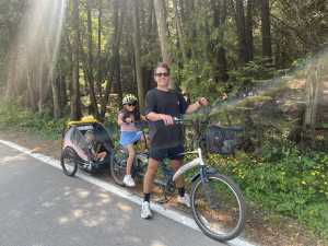 Riding tandem bikes with the kids in Michigan.