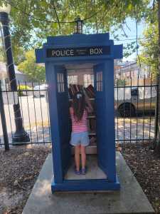 Swapping some books out at the llittle TARDIS library at Old Town Slidell Soda Shop.