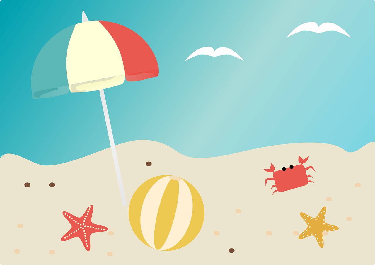 Sandy beach scene with umbrella, starfish, and crab. It is a trip not a vacation!